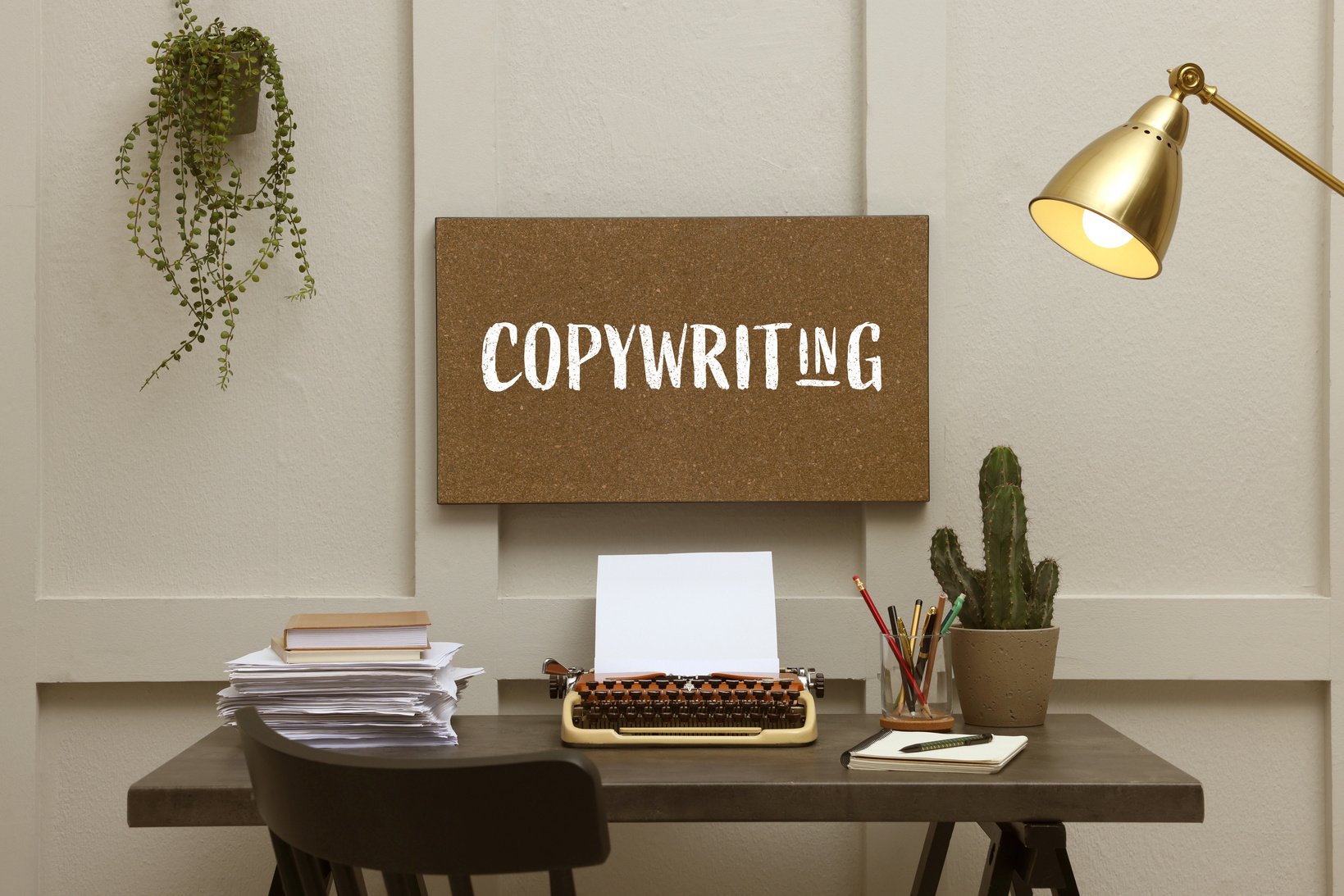 Cork Board with Word Copywriting, Typewriter, Plants and Stationery in Stylish Room